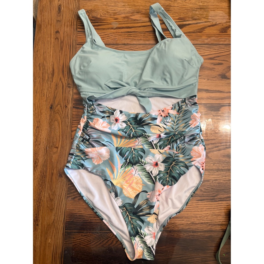 EOMENIE One Piece Swimsuit Women Large Green Tropical Floral Cut Out Tie Front